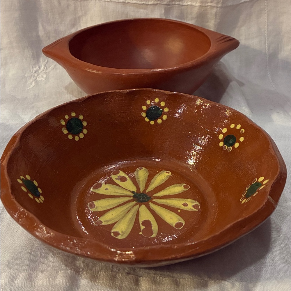 Hand Thrown Red Ware Pottery Bowls With Decorative Accents Red Ware Green Yellow